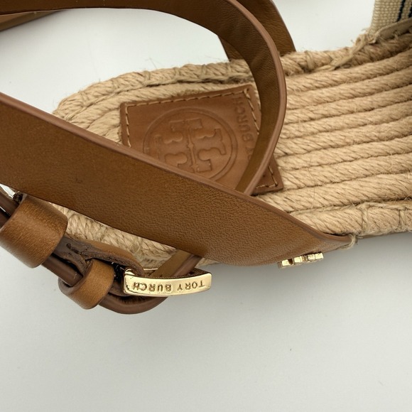 Tory Burch Espadrille Sandals Blue Ivory Striped Leather Ankle Strap Jute Size 8 - Picture 11 of 13